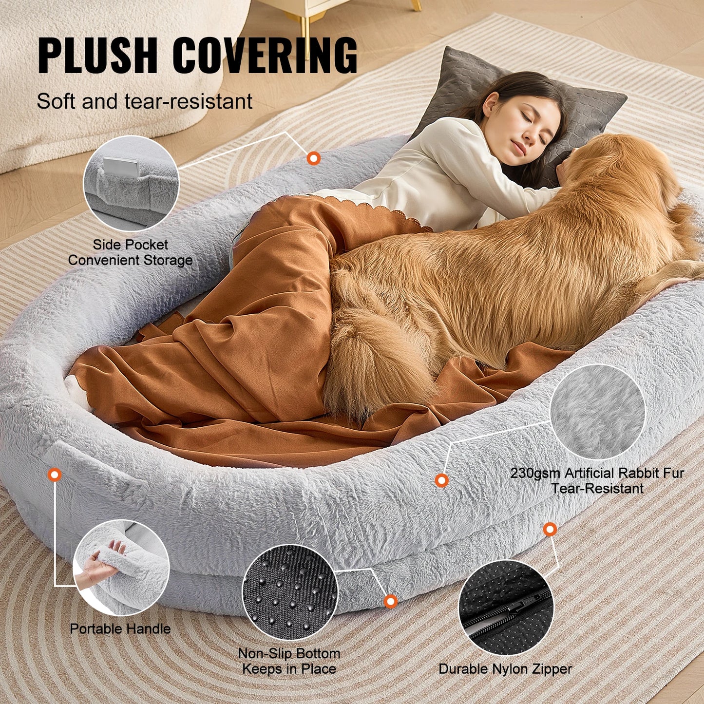 VEVOR Human Dog Bed Human Dog Bed for Adult Human Size Dog Bed with Washable Faux Rabbit Fur Cover Egg Orthopedic Foam Grey