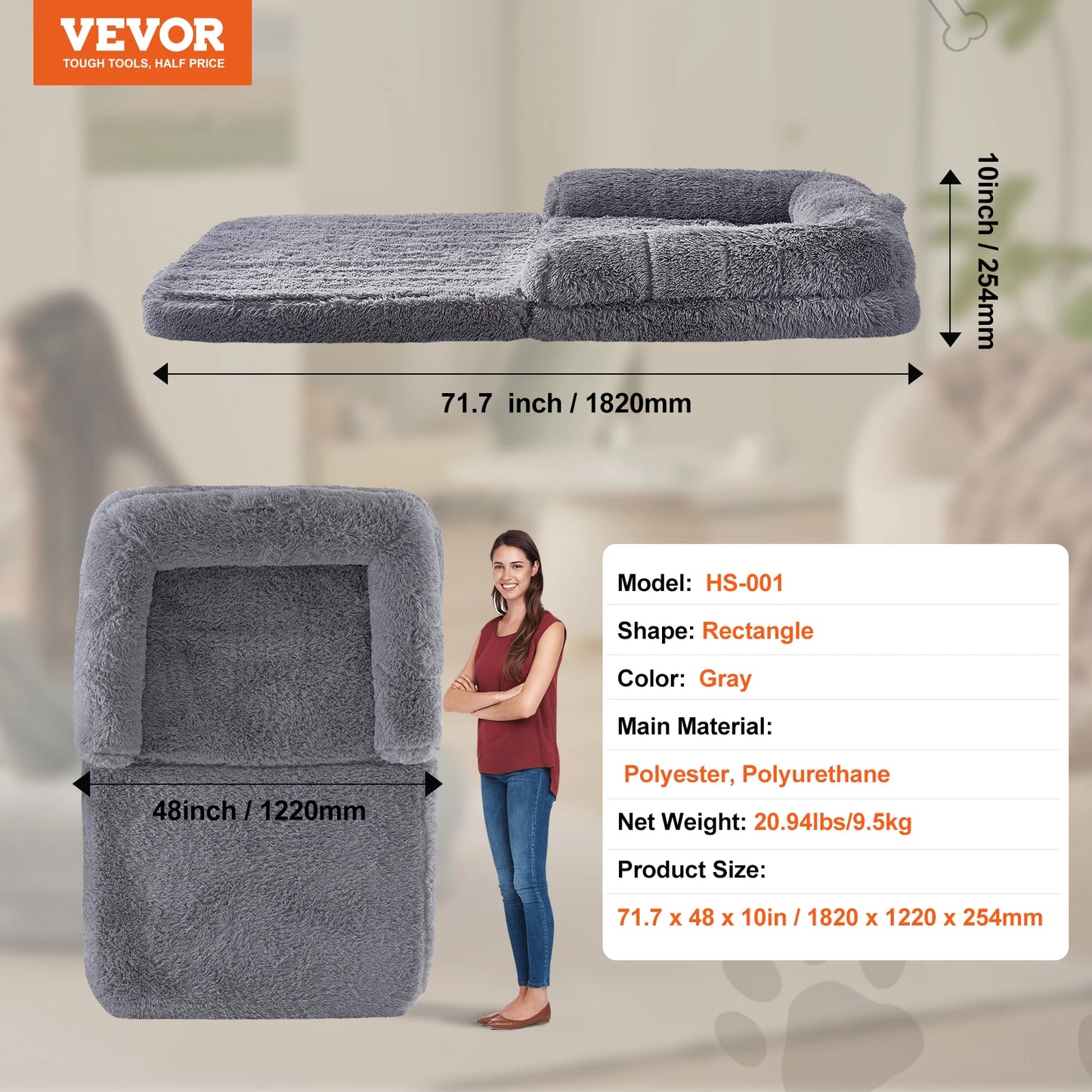 VEVOR Human Dog Bed Human Dog Bed for Adult Human Size Dog Bed with Washable Faux Rabbit Fur Cover Egg Orthopedic Foam Grey