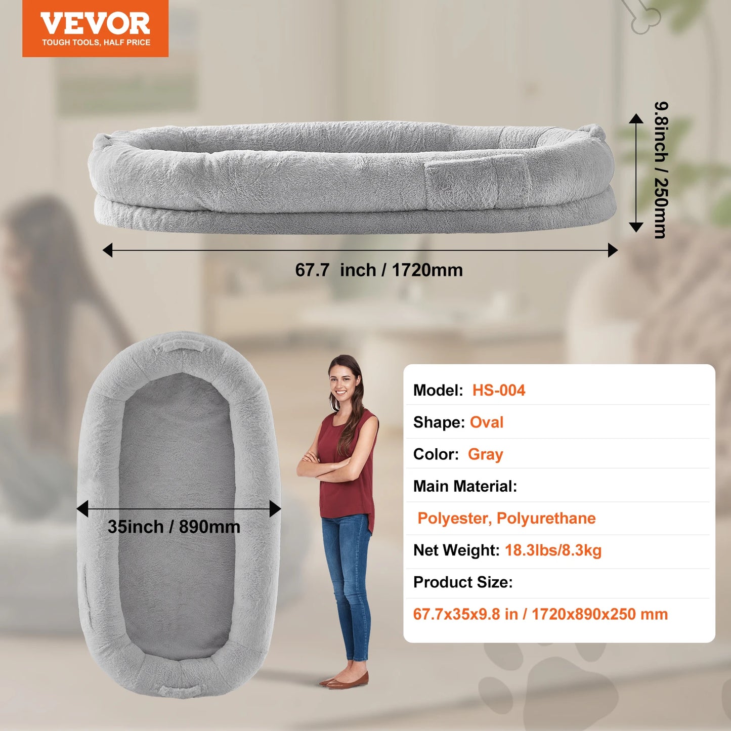 VEVOR Human Dog Bed Human Dog Bed for Adult Human Size Dog Bed with Washable Faux Rabbit Fur Cover Egg Orthopedic Foam Grey