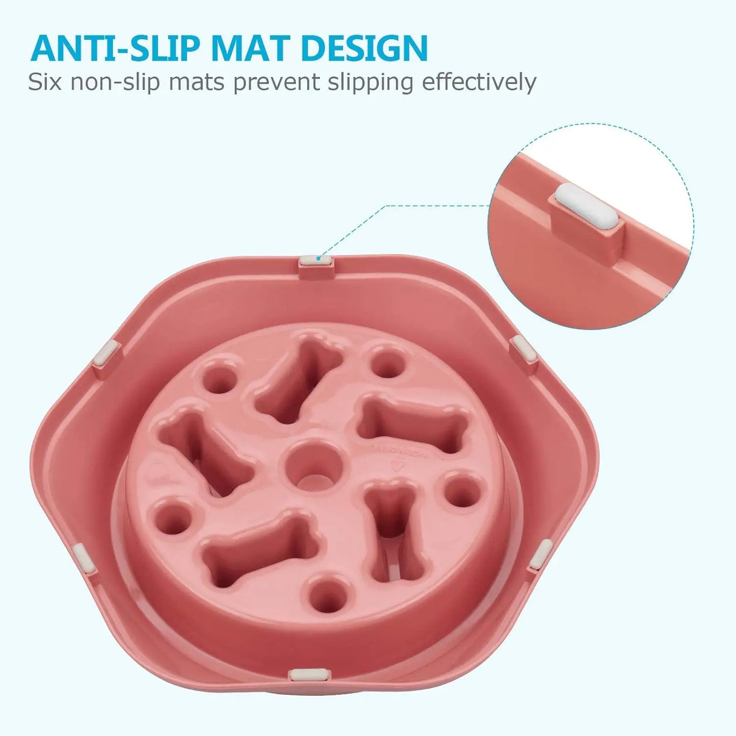 TRAGA™ es un cuenco de alimentación lenta fabricado en plástico resistente, diseñado para reducir la velocidad al comer, evitar atragantamientos y mejorar la salud digestiva de tu perro.