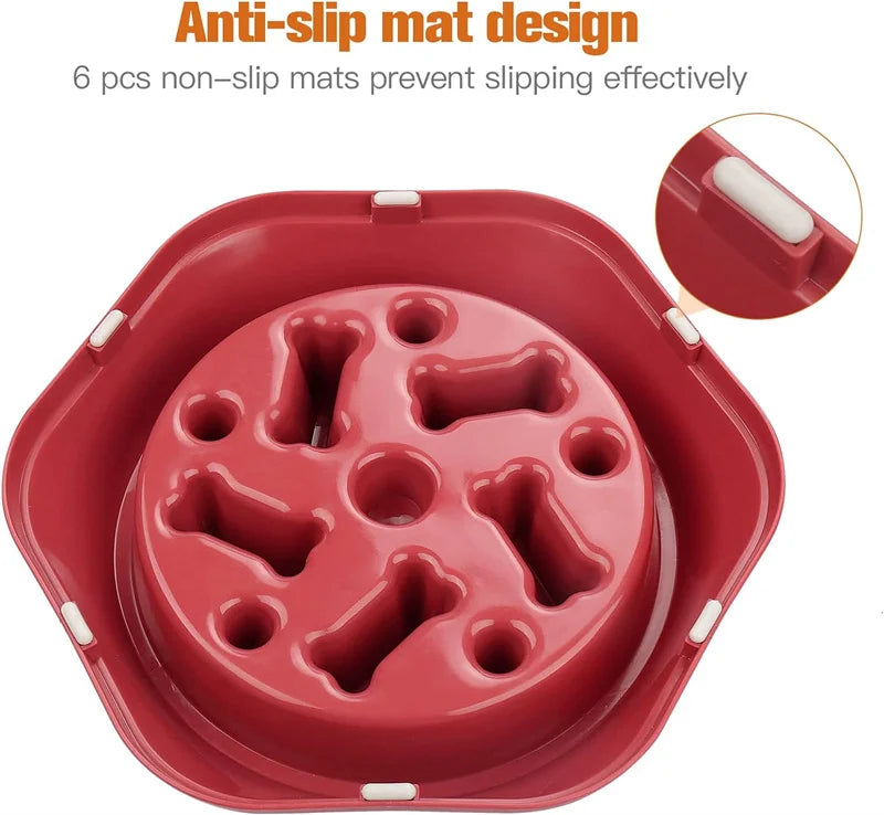 TRAGA™ es un cuenco de alimentación lenta fabricado en plástico resistente, diseñado para reducir la velocidad al comer, evitar atragantamientos y mejorar la salud digestiva de tu perro.