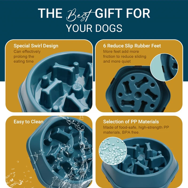 TRAGA™ es un cuenco de alimentación lenta fabricado en plástico resistente, diseñado para reducir la velocidad al comer, evitar atragantamientos y mejorar la salud digestiva de tu perro.