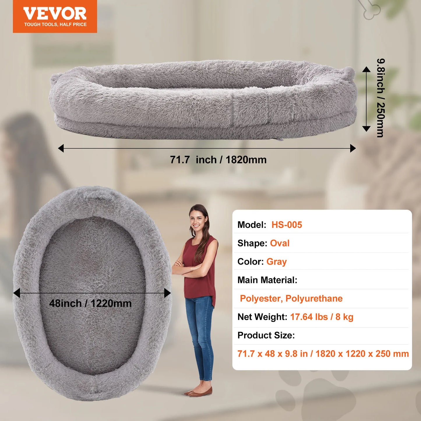 VEVOR Human Dog Bed Human Dog Bed for Adult Human Size Dog Bed with Washable Faux Rabbit Fur Cover Egg Orthopedic Foam Grey