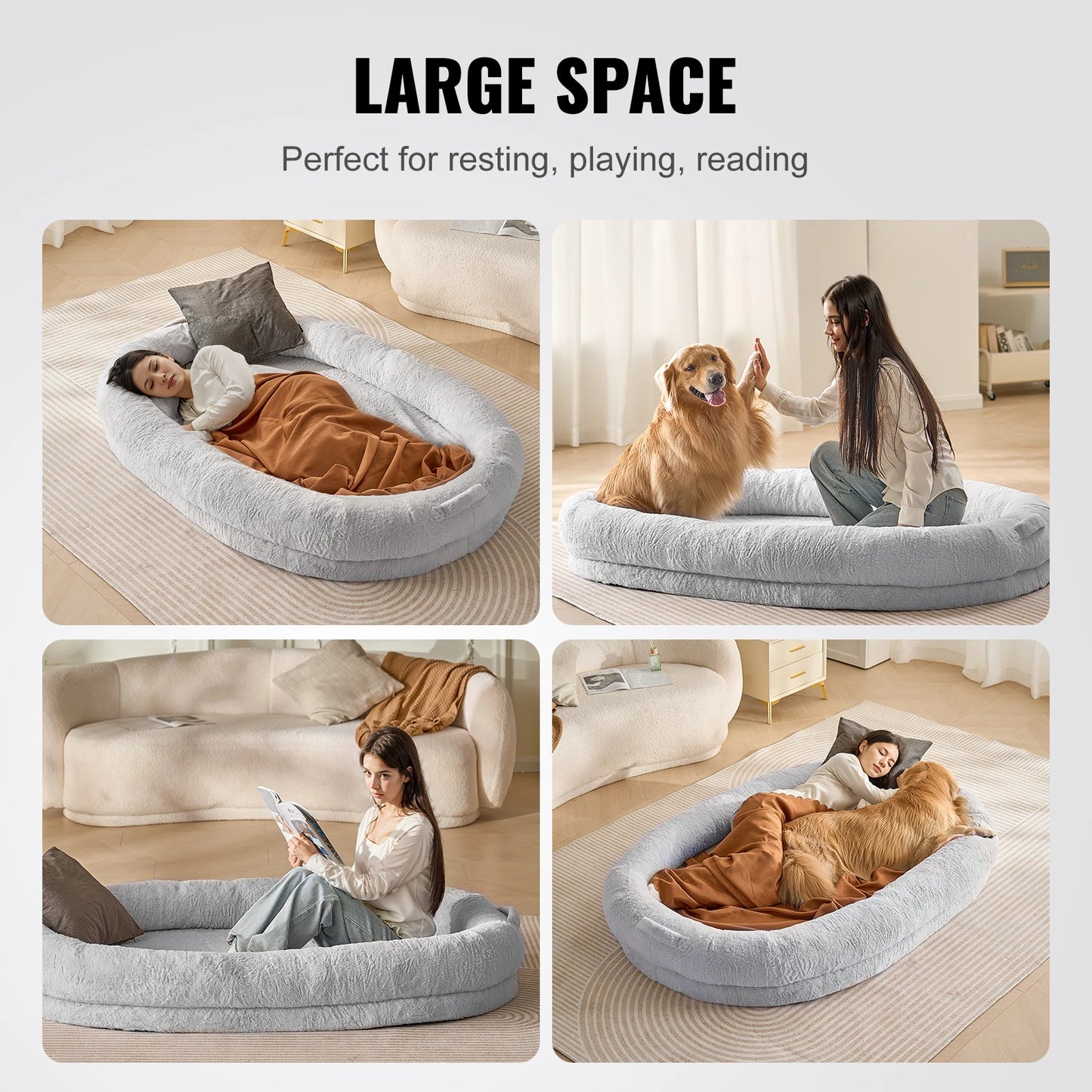 VEVOR Human Dog Bed Human Dog Bed for Adult Human Size Dog Bed with Washable Faux Rabbit Fur Cover Egg Orthopedic Foam Grey