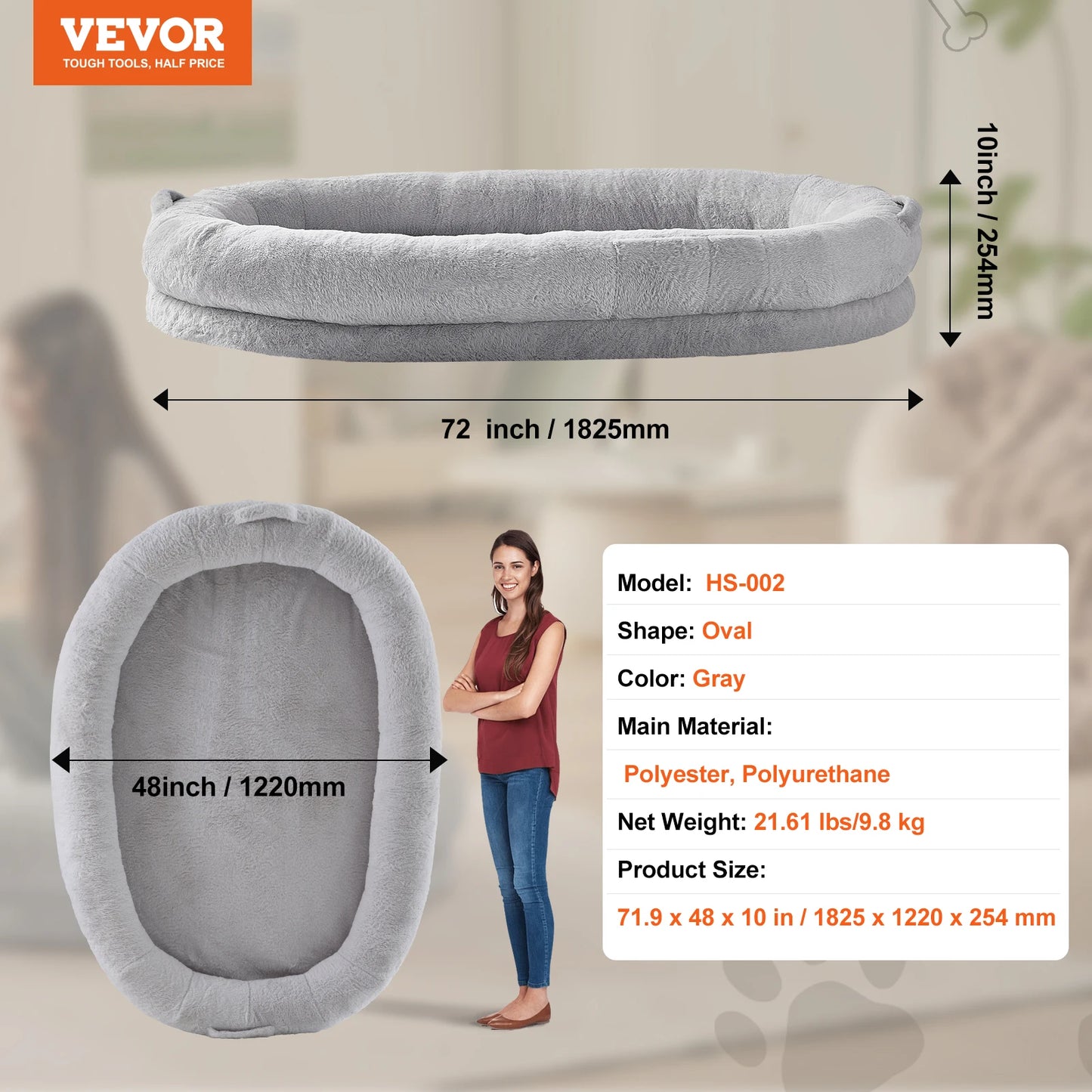 VEVOR Human Dog Bed Human Dog Bed for Adult Human Size Dog Bed with Washable Faux Rabbit Fur Cover Egg Orthopedic Foam Grey